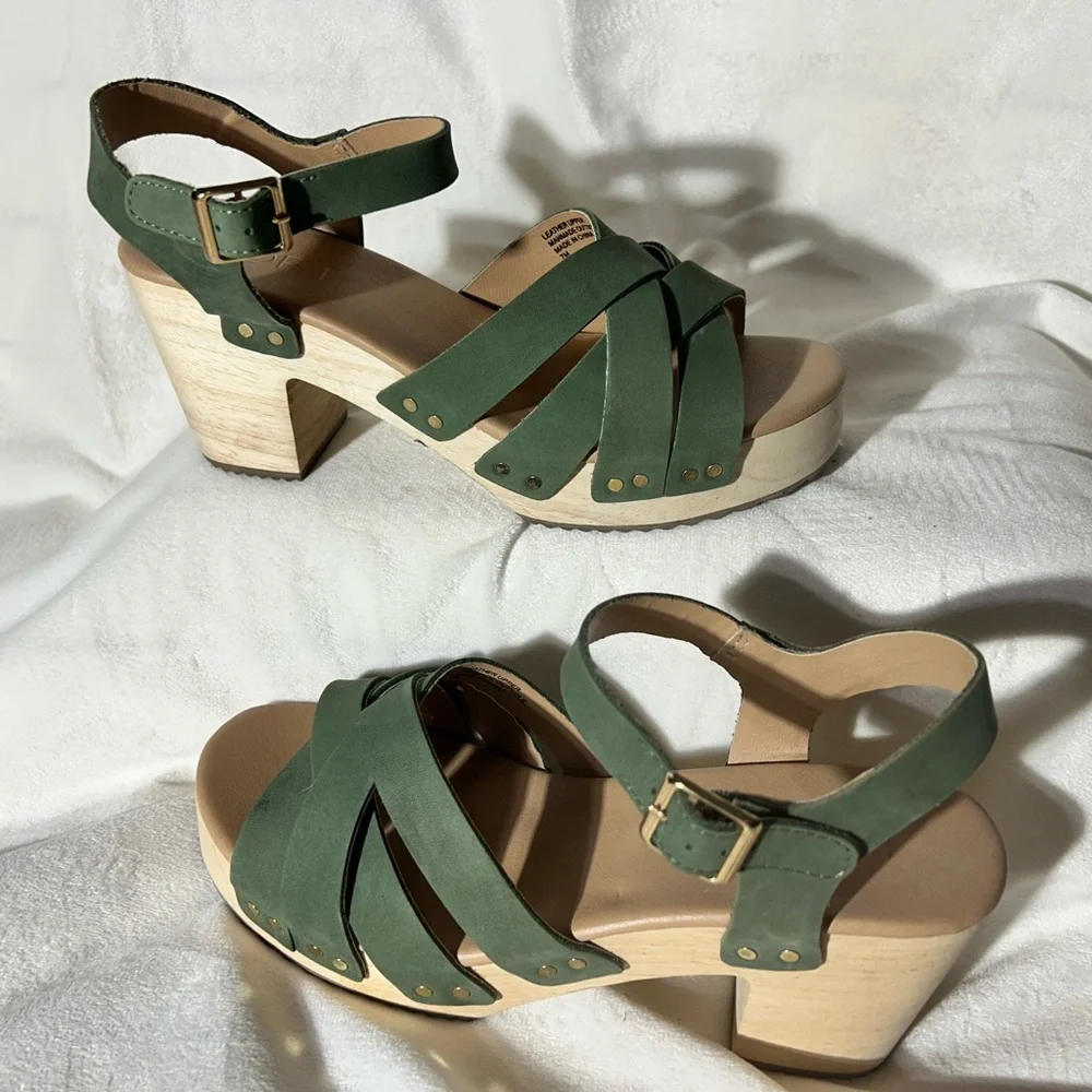 LOFT Olive Green Strappy Leather clog chunky block heel Platform Sandals size 7 - Picture 2 of 11